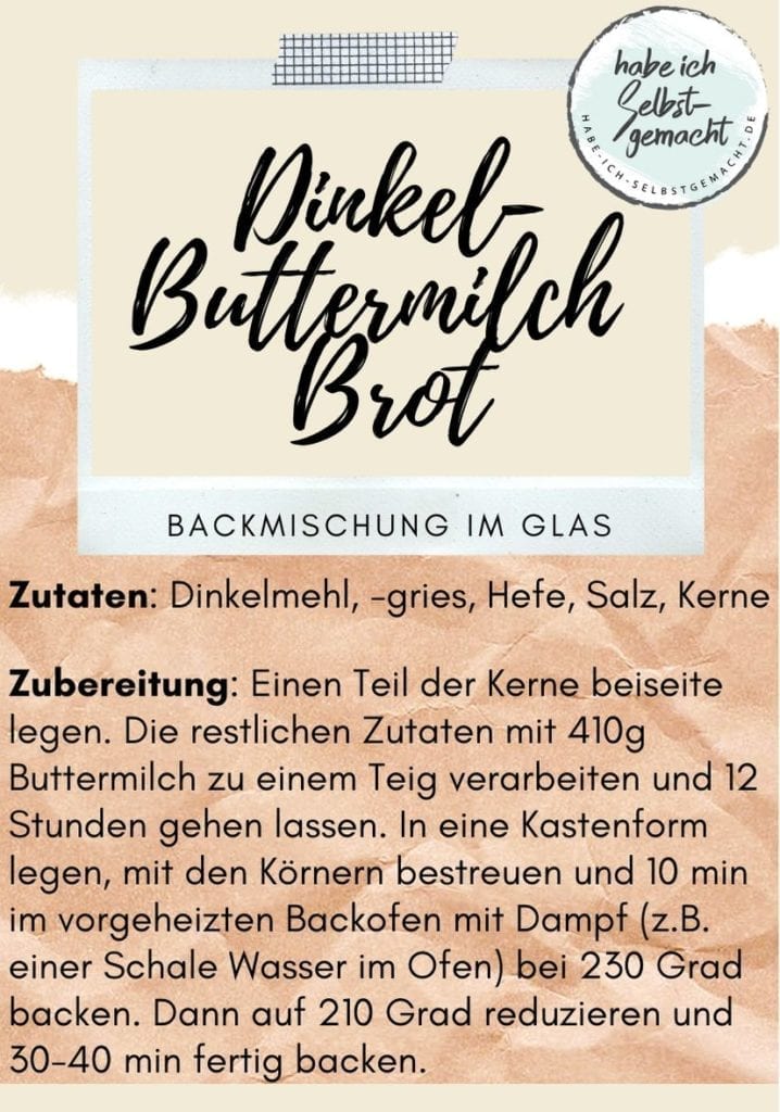 Dinkel Buttermilch Brot Backmischung im Glas - Etikett